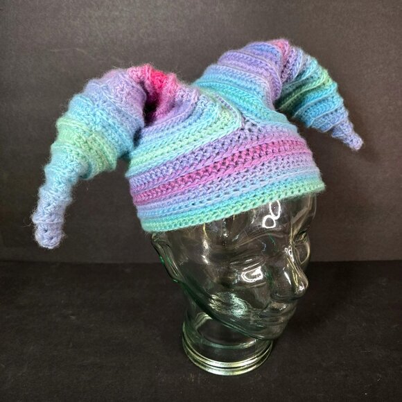 Handmade FaeFoolery Wool Crochet Cosplay Hat Cap Pastel Rainbow Stripes NEW - Picture 1 of 8